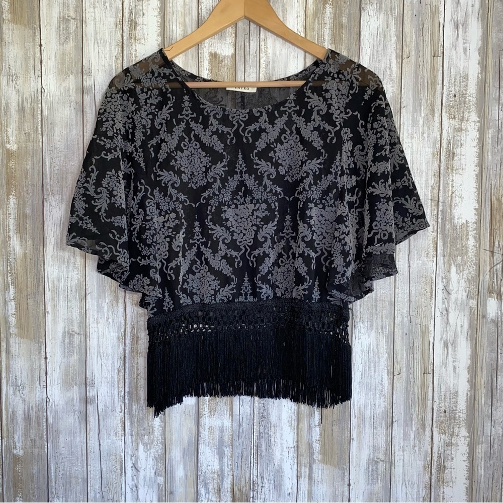 Entro Sheer Mesh Fringe Bottom Cropped Blouse